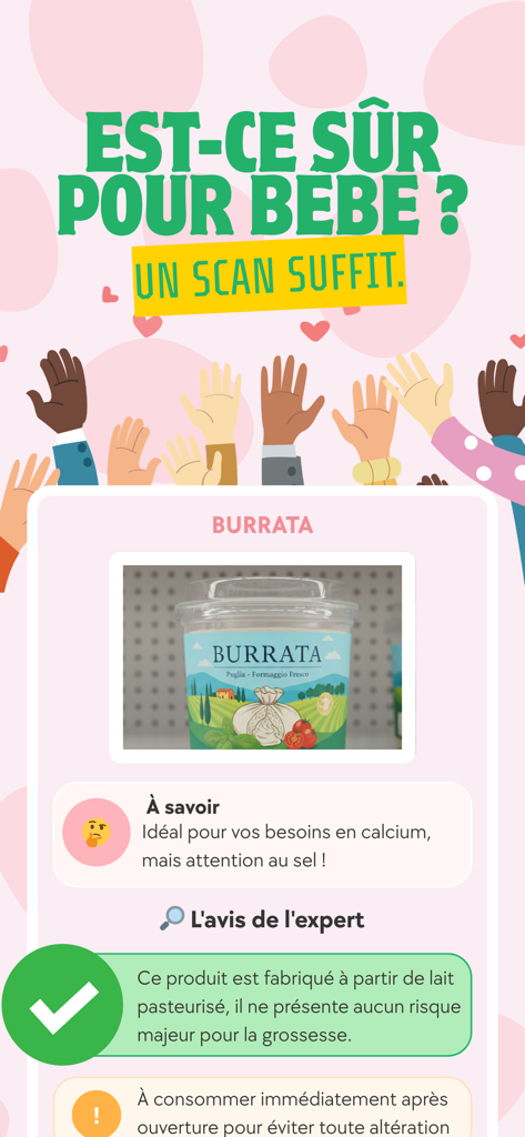 Bien Manger Enceinte - Scanner - Mobile app screen showing a safe food check for burrata cheese during pregnancy with a green checkmark and expert advice.