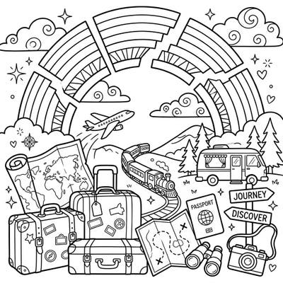 Get ready for an exciting journey with this unique coloring page, blending the magic of broken rainbows with the thrill of vacation travel. Discover suitcases, maps, and various transport modes awaiting your creative touch.