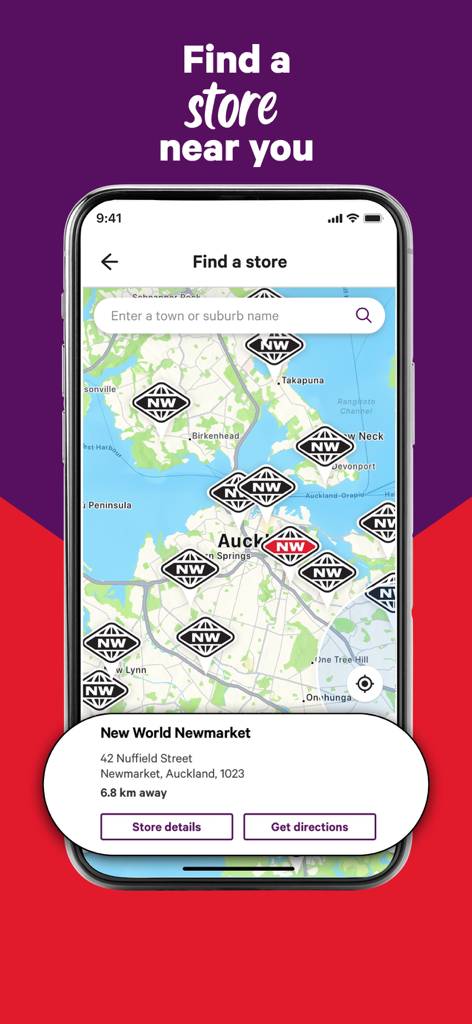 New World NZ - New World NZ app store locator screen showing supermarket locations on a map of Auckland.