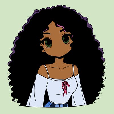 a black anime girl with long afro hair