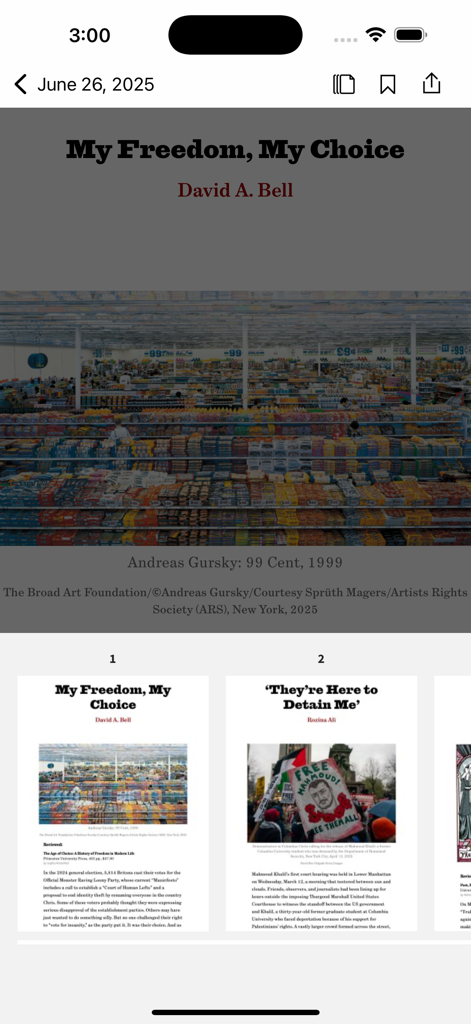 The New York Review of Books - ニューヨーク・レビュー・オブ・ブックスアプリの長編記事表示。デイビッド・A・ベルによるエッセイが掲載されています。