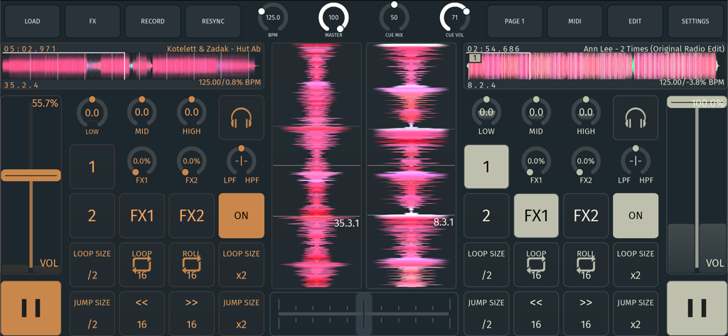soda dj app - Interfaz modular profesional de la aplicación Soda DJ con decks duales y formas de onda