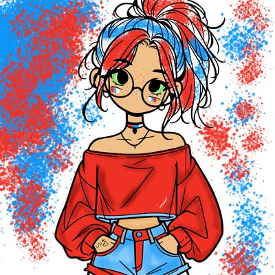 girl with a messy ponytail glasses a baggy crop top and jean shorts