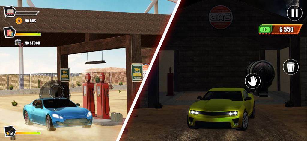 Gameplay do Gas Station Manager Simulator mostrando carros em um posto de gasolina no deserto