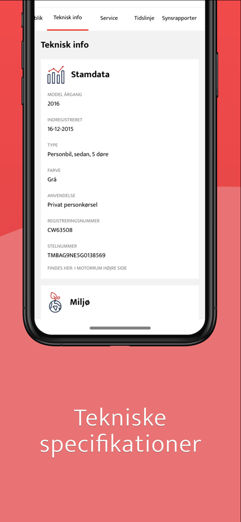TjekBil - tjek nummerplade - Technical specifications screen in the TjekBil app displaying vehicle details and registration info.