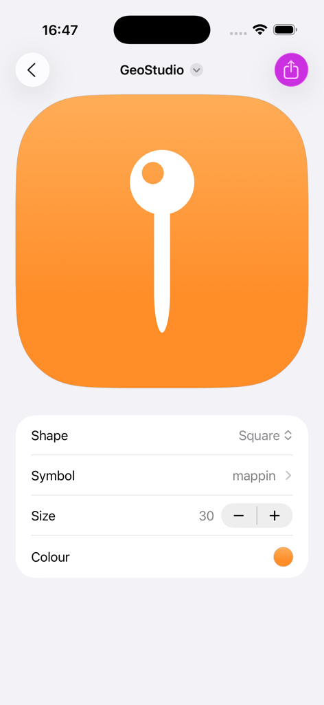 App Icon Maker - Interface do aplicativo App Icon Maker mostrando um ícone laranja com um pino de mapa branco e configurações de personalização.