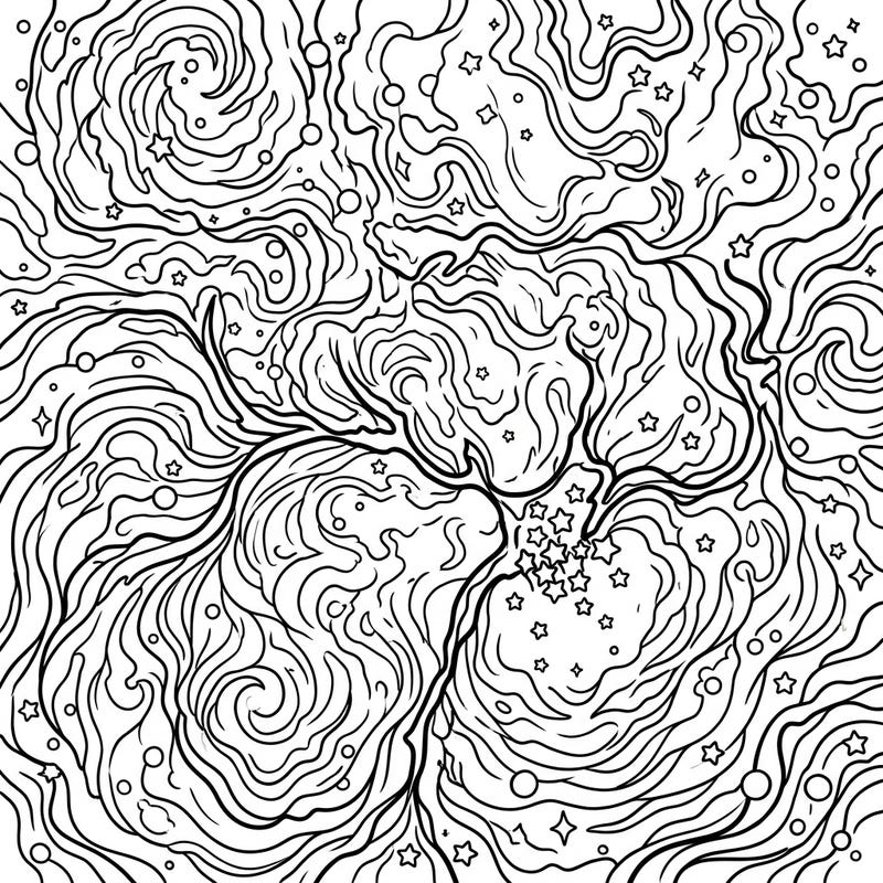 Immerse yourself in the breathtaking beauty of the Trifid Nebula with this captivating full-scene coloring template. Experience the swirling gas, dust, and stars of this celestial wonder as you bring it to life with your favorite colors.