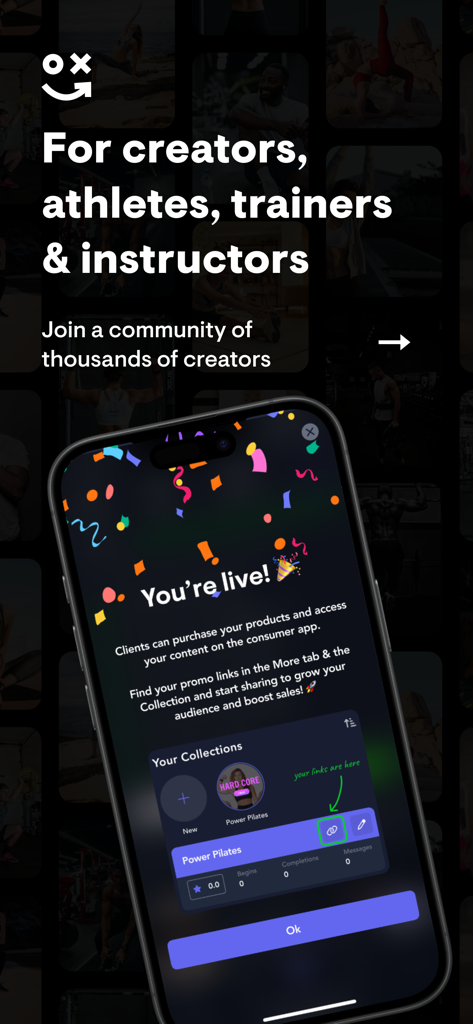 Playbook Creator - A promotional screen for the Playbook Creator app welcoming fitness trainers and athletes with an iPhone showing a You are live notification