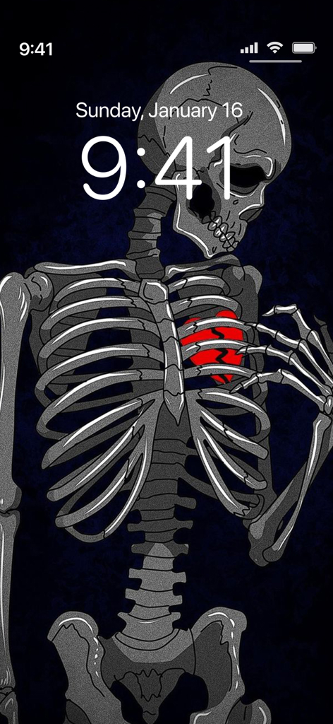 Skeleton holding a broken red heart on a dark aesthetic iPhone lock screen wallpaper