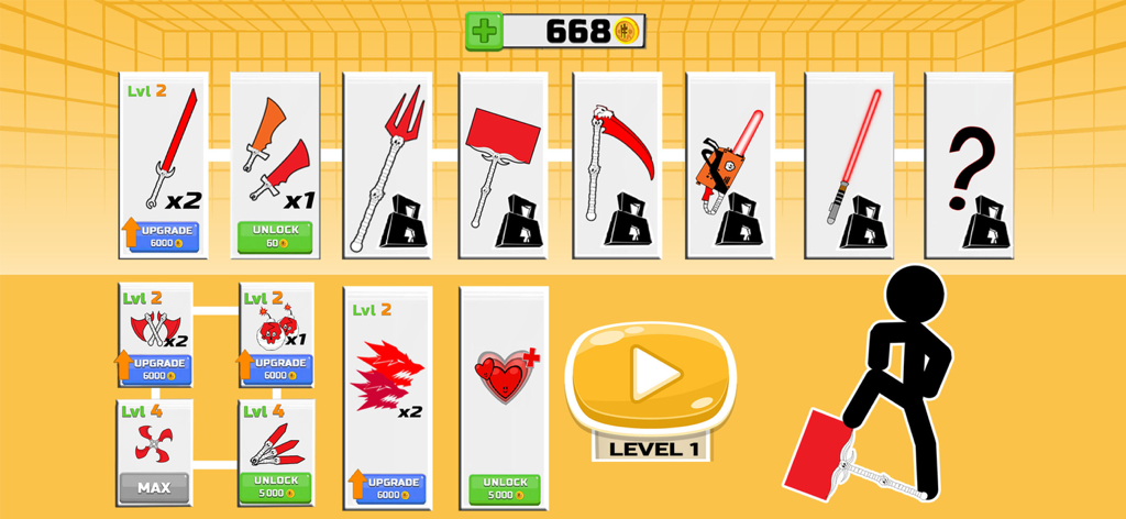Stickman fighter : Epic battle - Stickman Fighter Epic Battle weapon and upgrade selection screen