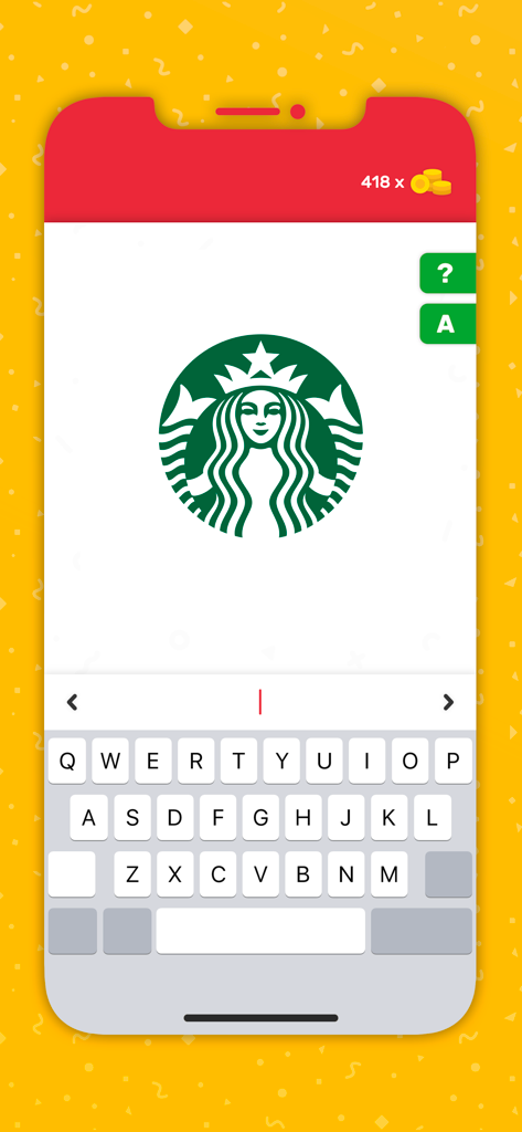 Logo Quiz 2026: Guess the logo - Écran de jeu Logo Quiz 2026 montrant le logo Starbucks à deviner avec un clavier à l'écran