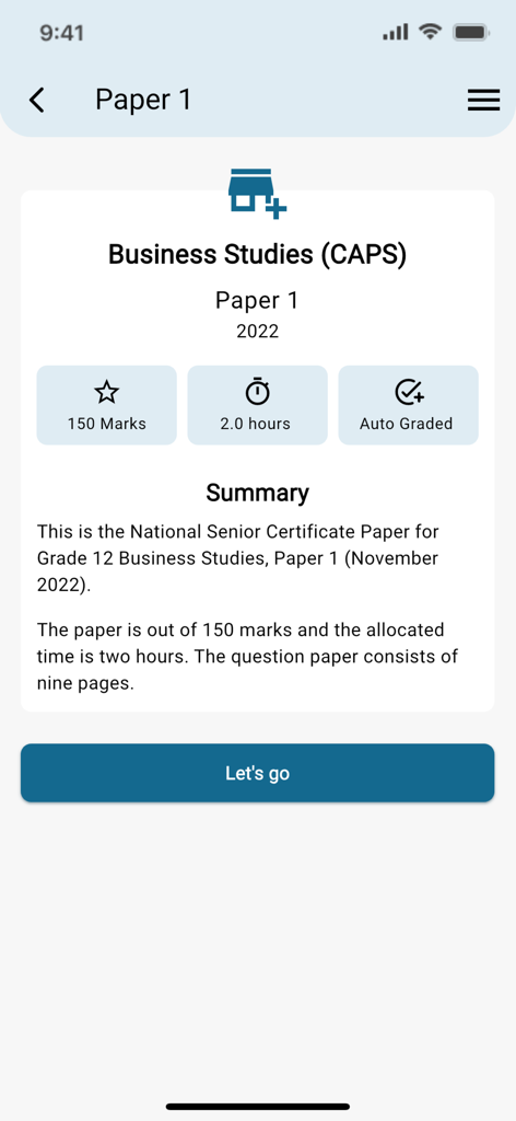 ExamEase - A summary screen of a Business Studies past exam paper within the ExamEase app