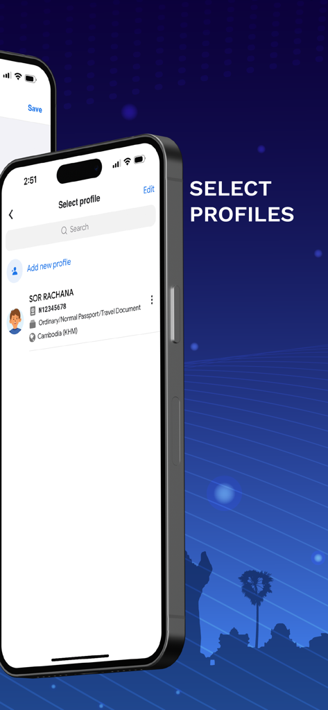 Cambodia e-Arrival - Bildschirm zur Auswahl von Profilen in der Kambodscha e-Arrival App