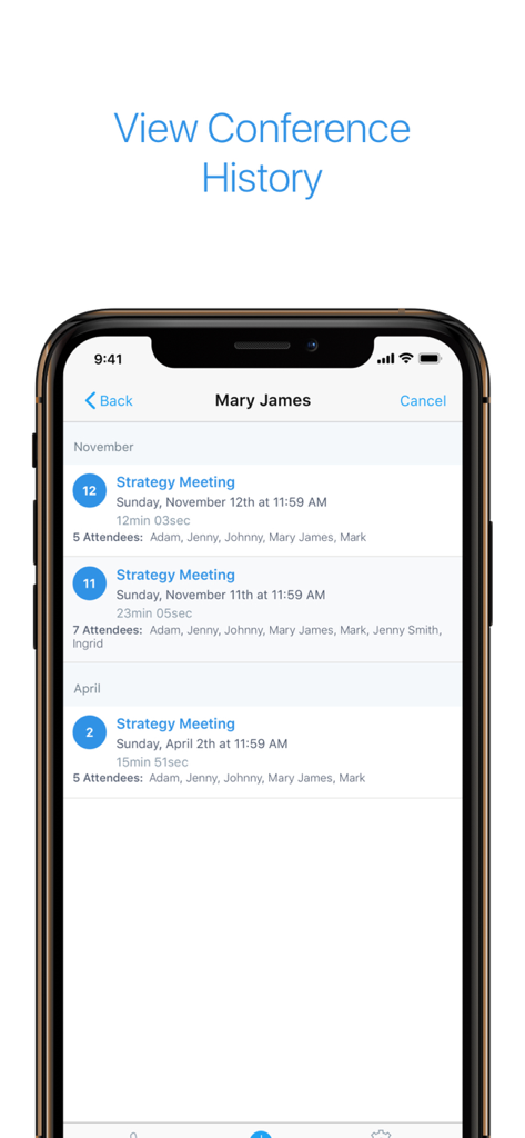 KingsConference App-Bildschirm, der eine Liste vergangener Strategiebesprechungen mit Daten und Teilnehmern zeigt