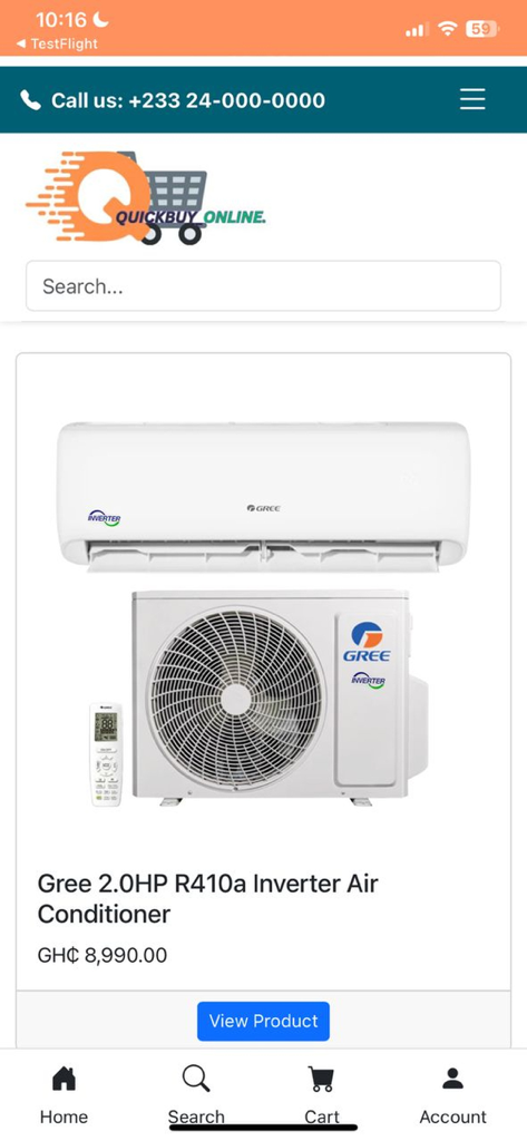 QuickBuy Online - QuickBuy Online mobile app interface showing a Gree Inverter Air Conditioner product listing with price and navigation menu.