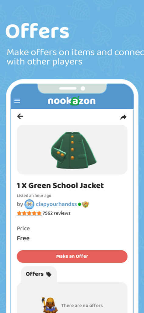Nookazon - Nookazon mobile app interface showing a listing for a Green School Jacket item