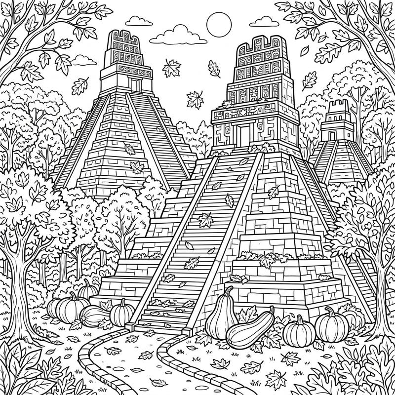 Immerse yourself in a captivating scene where the majestic Mayan Pyramids stand tall amidst the vibrant beauty of autumn. This intricate coloring page invites you to explore ancient history and seasonal splendor with every hue.