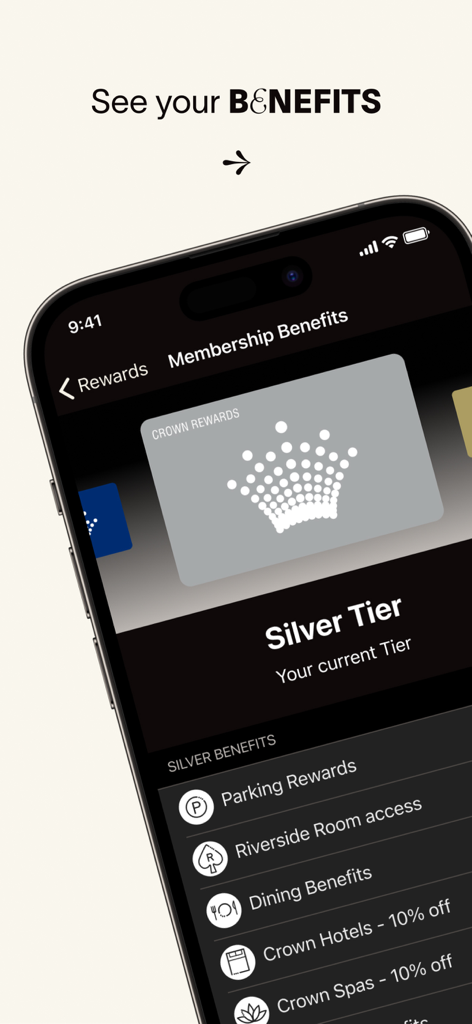 Crown Resorts - Crown Resorts app interface showing Silver Tier loyalty rewards and member benefits