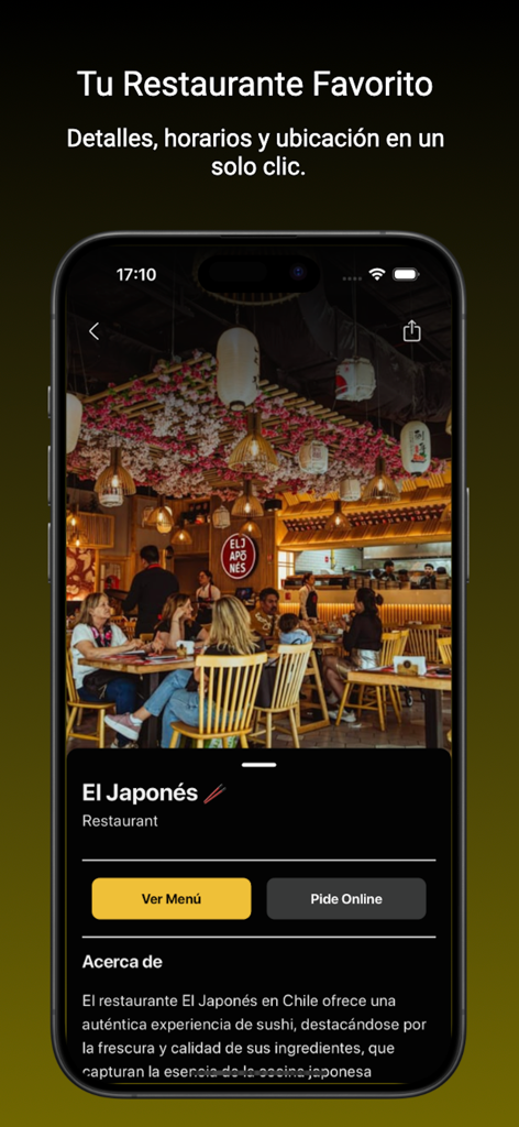 DOT Experience - Mobile app interface showing restaurant details for El Japones in the DOT Experience app.