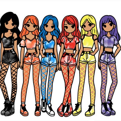 a group of girls wearing crop tops and shorts