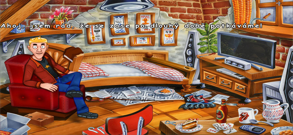 Polda 7 - Main character Pankrac sitting in a messy hand-drawn attic room in the game Polda 7