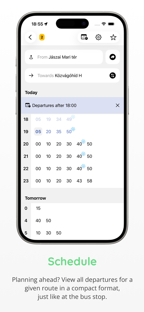 MenetrendApp mobile Oberfläche mit einem detaillierten Fahrplan für den öffentlichen Nahverkehr in ungarischen Städten.