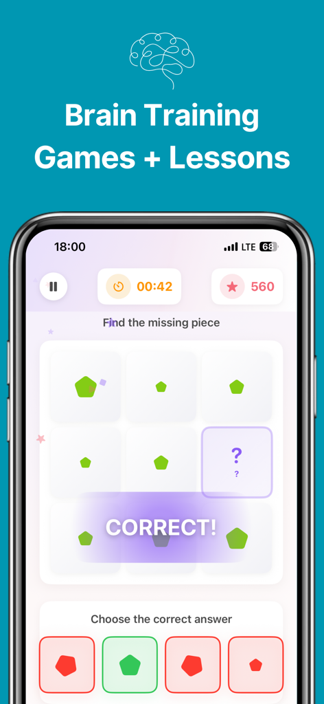 BrainFit Logic Puzzles & Focus - Capture d'écran de l'application BrainFit montrant un jeu de puzzle logique avec un message de réponse correcte