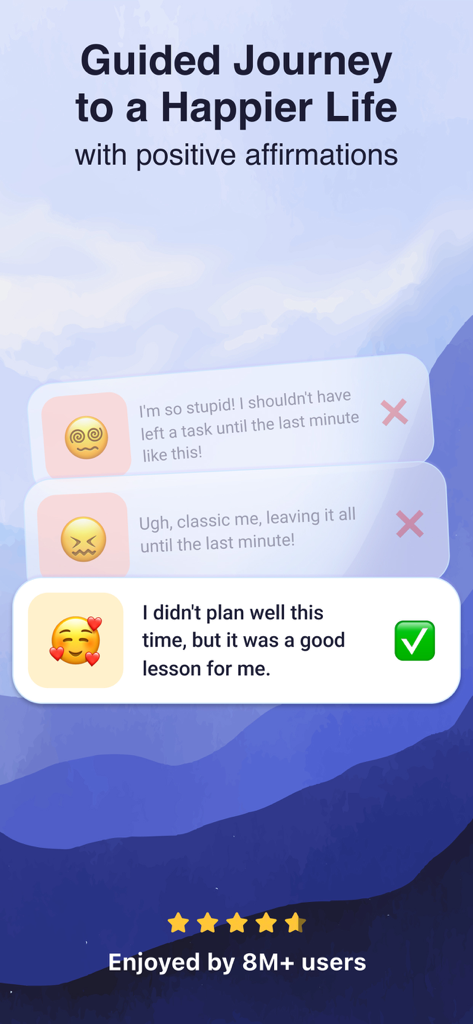 Mindguru Life - Pantalla de la aplicación Mindguru Life que muestra un viaje guiado hacia una vida más feliz a través de afirmaciones positivas.