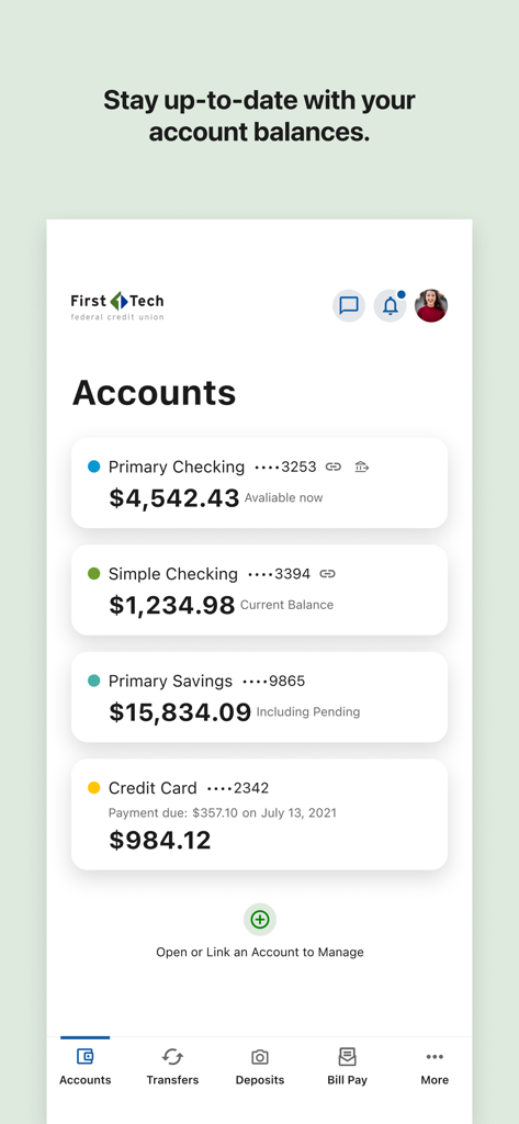 Mobile app dashboard for First Tech Federal Credit Union showing checking and savings account balances