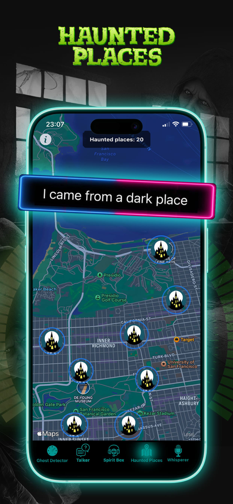 Spirit Contact Talker - Map showing haunted locations in San Francisco within the Spirit Contact Talker app