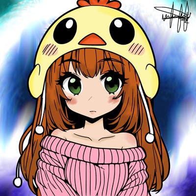 anime girl with chick shaped hat with sweater with bare shoulders with bangs covering them one eye with low tail