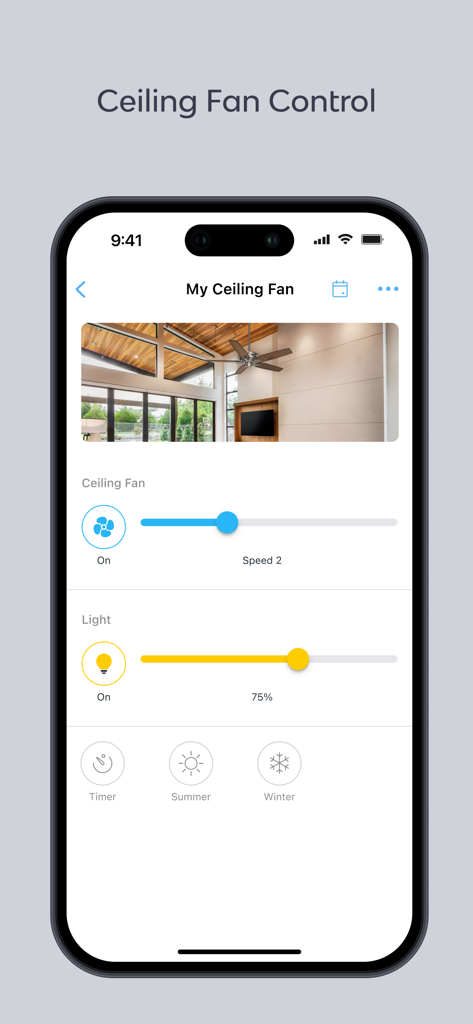 Bond Home app interface for ceiling fan and light control