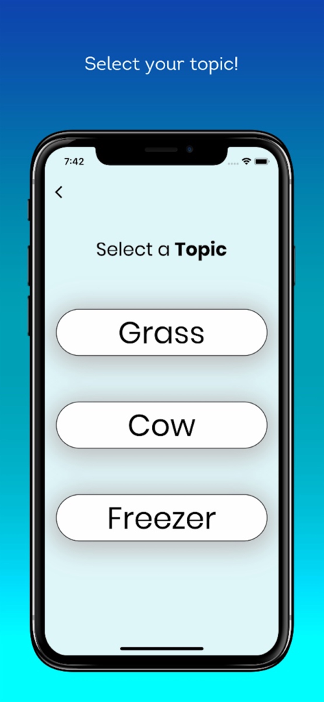 Topic selection screen in the Impromptu Generator app showing speech prompts like Grass, Cow, and Freezer
