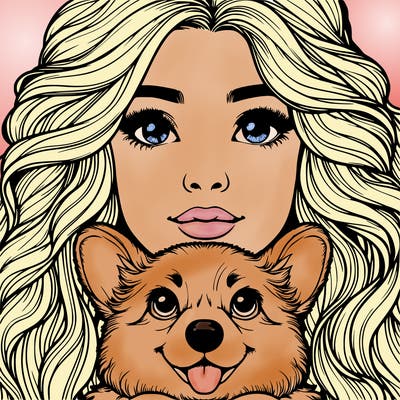 realistic girl face with a nose and wavy hair and a corgi dog in her arms