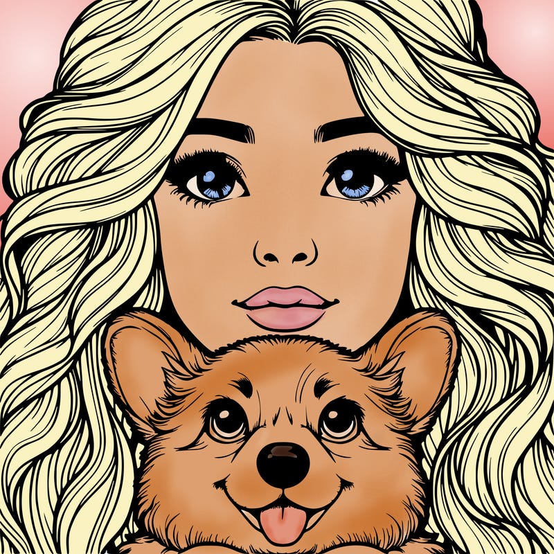 realistic girl face with a nose and wavy hair and a corgi dog in her arms