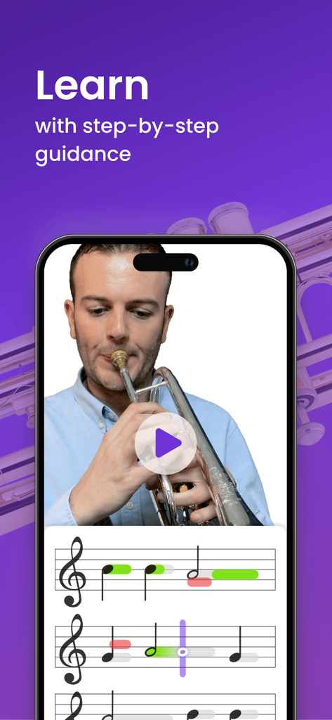 A man playing the trumpet in a video lesson with live feedback on interactive sheet music