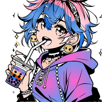 hot baddie anime girl drinking boba and biting the straw