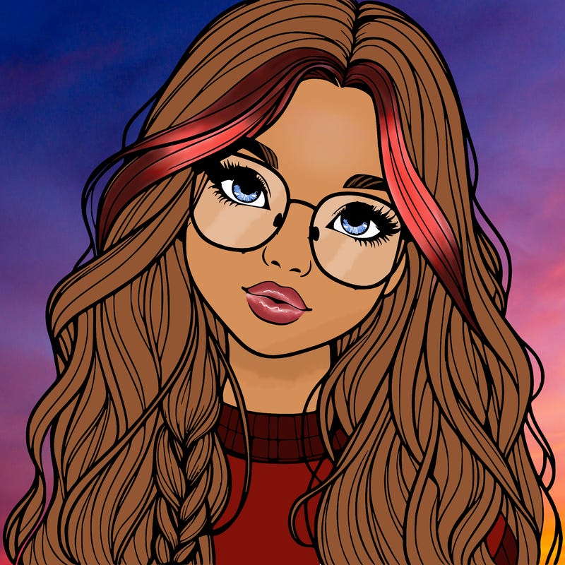 girl with long hair and freckles and glasses realistic