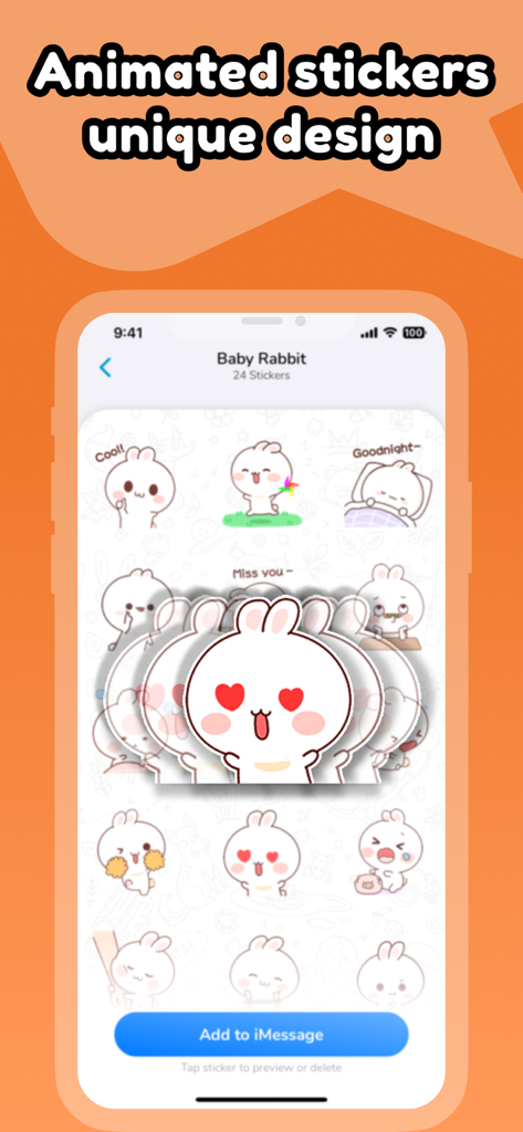 BubbleX - iMessage Sticker App - Preview of animated rabbit sticker pack in the BubbleX iMessage app