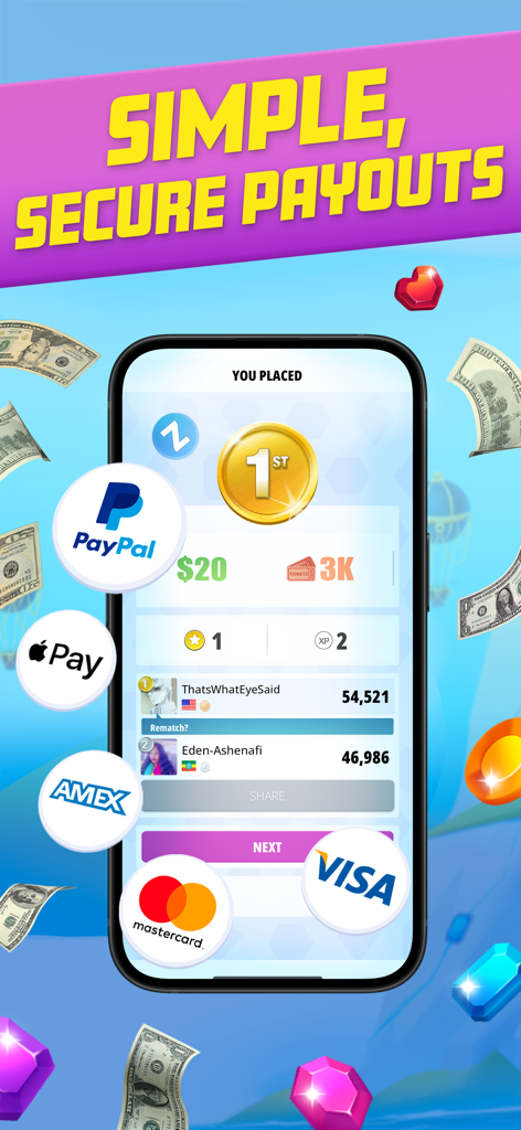 Diamond Strike - Match 3 Games - Diamond Strike game screenshot showing a first place cash prize win with secure payment logos like PayPal and Apple Pay