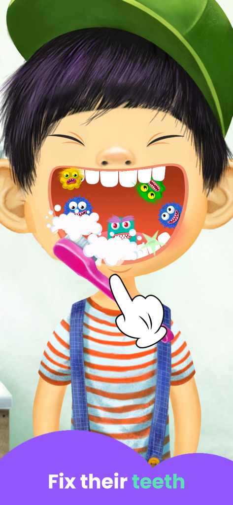 Cartoon boy with colorful germs on his teeth being cleaned with a pink toothbrush in a dentist mini-game for kids.