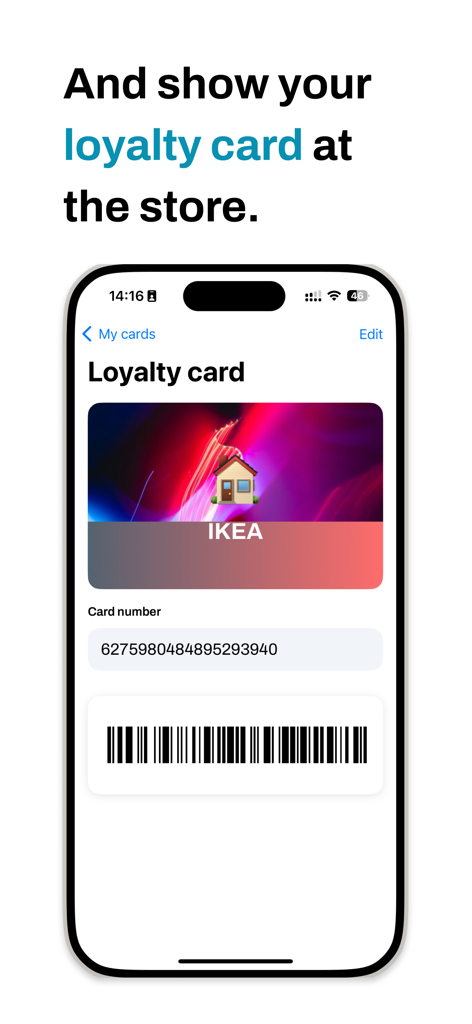 Card Holder: Wallet & Loyalty - iPhone screen showing a digital IKEA loyalty card with a barcode for scanning at checkout
