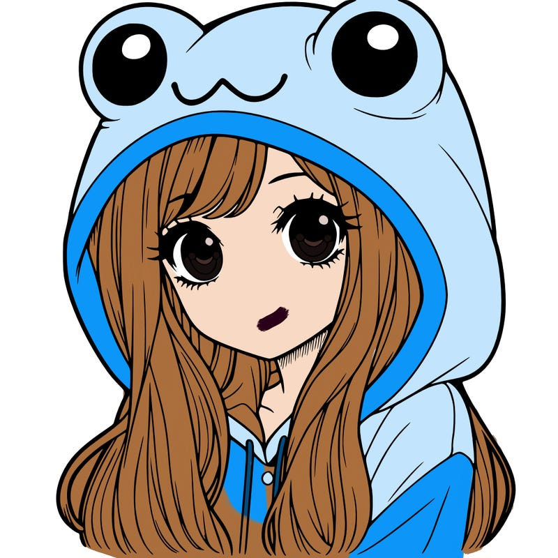 a pretty girl wearing a frog hoodie portrait with long hair