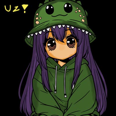 girl with anime shaped eyes with a dinosaur bucket hat oversized sweatshirt long straight hair