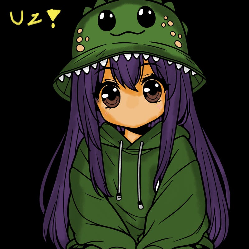 girl with anime shaped eyes with a dinosaur bucket hat oversized sweatshirt long straight hair