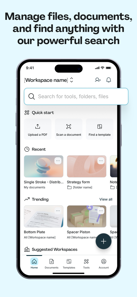 Lumin: View, Edit, Share PDF - Pantalla de inicio de la aplicación Lumin mostrando la barra de búsqueda y herramientas de gestión de documentos rápidas