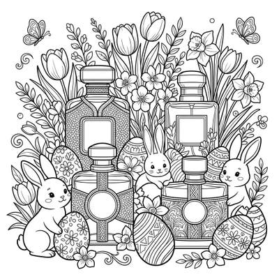 Immerse yourself in a unique Easter coloring experience featuring elegant perfume bottles adorned with luxurious leather textures. This charming page combines festive bunnies, intricately decorated eggs, and beautiful spring blossoms for a sophisticated artistic escape.