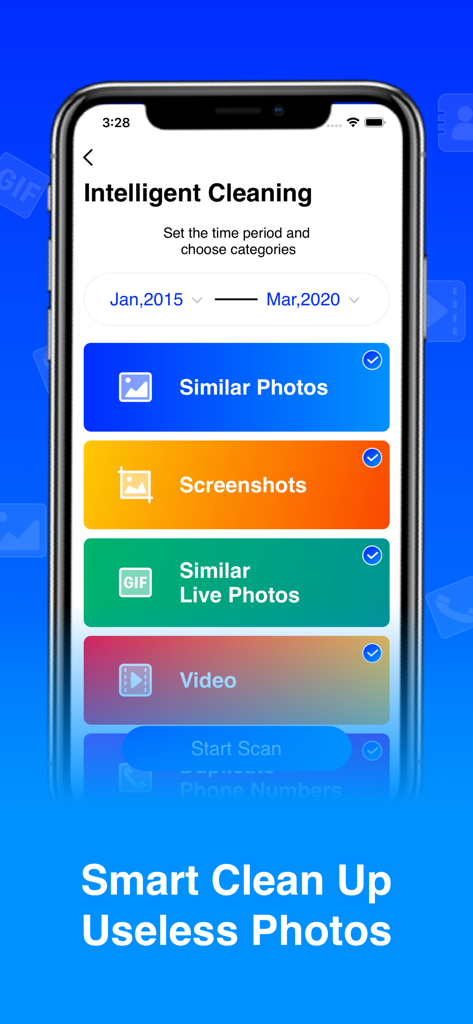 Super Cleaner - Photo & Phone - Interface of the Super Cleaner app showing the intelligent cleaning feature to scan and delete similar photos and screenshots