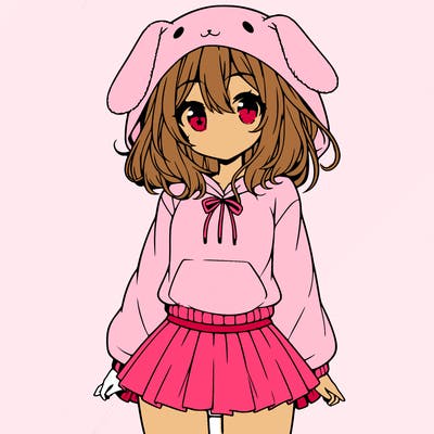 pretty anime girl wearing a fluffy hoodie with bunny ears on the hood and a skirt