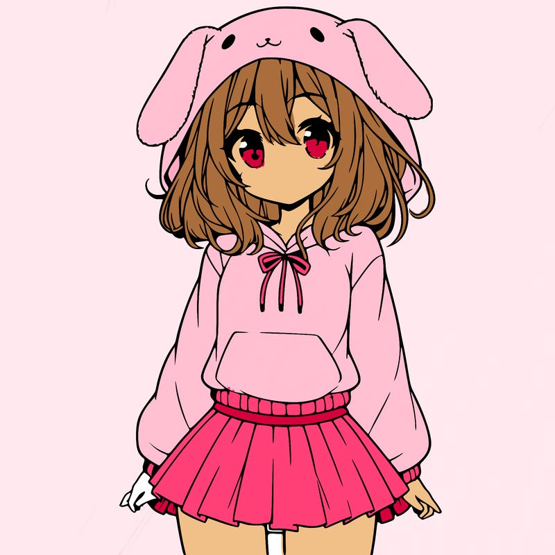 pretty anime girl wearing a fluffy hoodie with bunny ears on the hood and a skirt